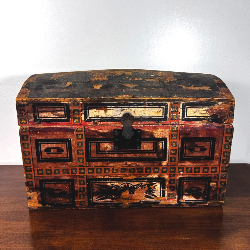 Antique 19th Century Wallpaper Covered Dome Top Document Box Folk Art Primitive
